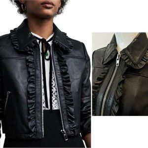 Maje Black Leather Ruffled Jacket